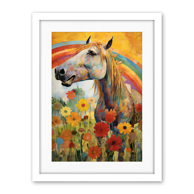 Girls Bedroom Nursery Artwork Rainbow Horse With Flowers Framed Art Print 18X24