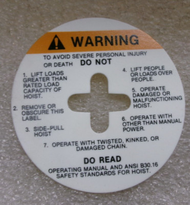 COFFING HOISTS 687-K-1 WARNING LABEL FOR Models: CB 1/2, CB1  #252GG