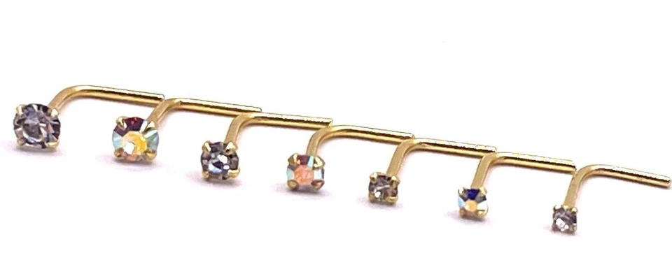 Gold plated nose stud 1.5,2 or 2.5 mm Clear  or AB crystal L Shaped Nose Studs - Image 2 of 4