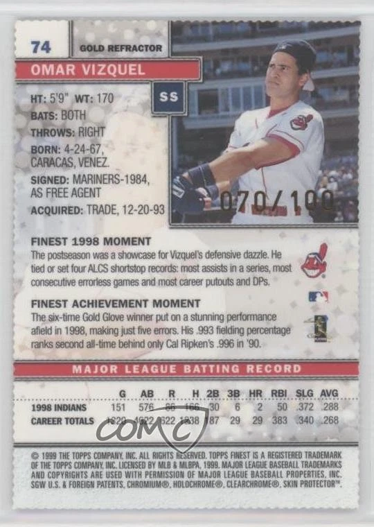 1999 Topps Finest Gold Refractor /100 Omar Vizquel #74 - Image 2 of 2