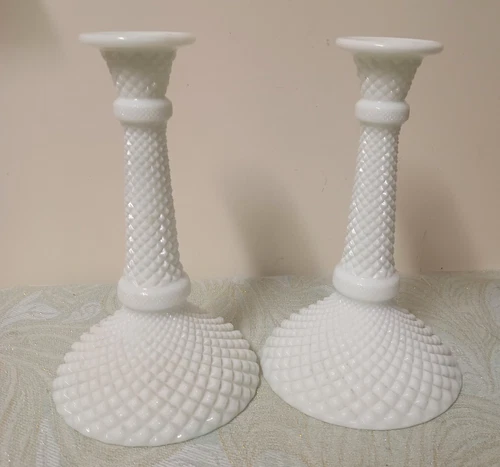 Tall Pair of Vintage Westmoreland English Hobnail Milk Glass Candle Holders MCM