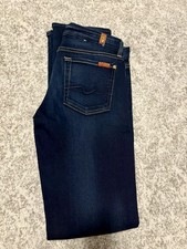 7 For All Mankind Women's Straight Jeans Dark Blue Stretch Denim Button Zip Logo