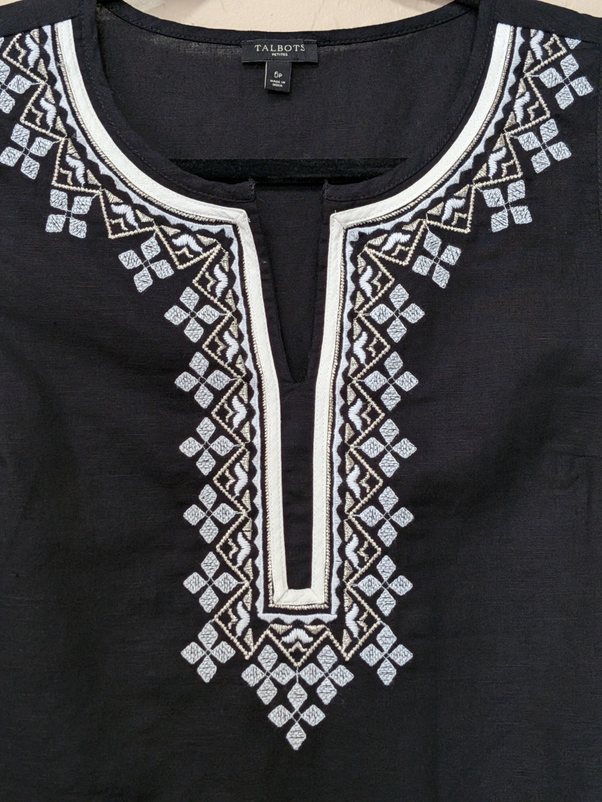 Talbots Petites Black Split Neck Embroidered Slee… - image 2