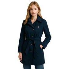 London Fog Hooded Trench Coat Dark Teal Polyester Belted Women's Medium