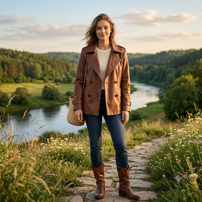 Women  Medium Brown Lambskin Leather Jacket Classic Double-Breasted Fashion Coat