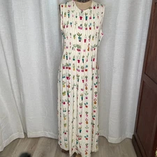 Vintage Central Falls House Plants Succulents Pleated Maxi Dress Small 6 USA 90s