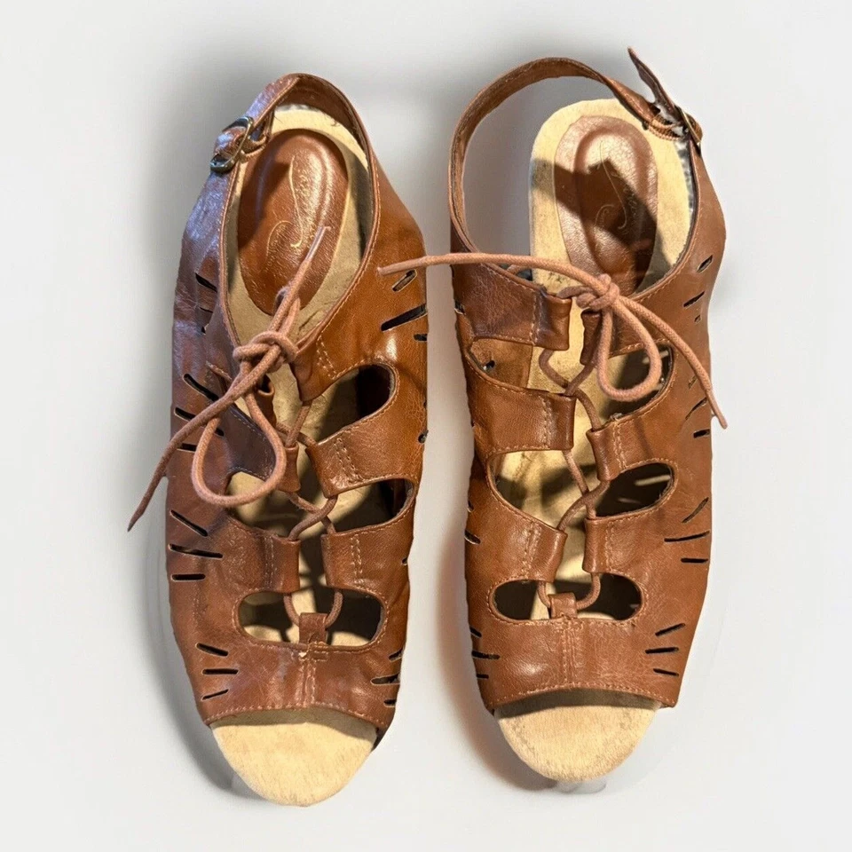 Easy Street 鞋女式 11W 棕色皮革系带露趾凉鞋舒适 — 第 2/4 张图片