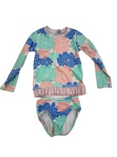 Ruffle Butts Swim Size 6 Girls Floral Rash Guard Set- Pink White Gingham Detail