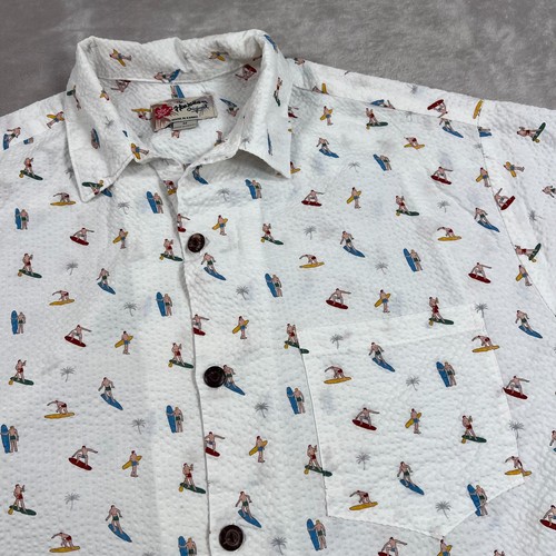 Hilo Hattie Shirt Mens Medium White Surfboards Seersucker Button Up Short Sleeve - Picture 2 of 9