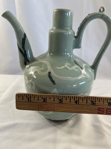 Antique Korean Celadon Wine Ewer Joseon Crane Cloud Teapot No Lid #202 - Picture 10 of 10
