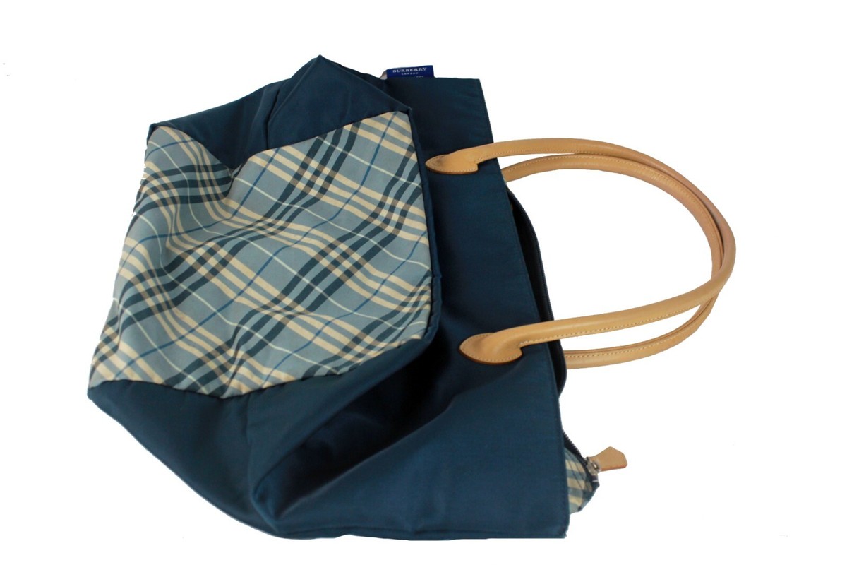 Burberry London Blue Label Nova Check Blue Nylon & Leather Tote