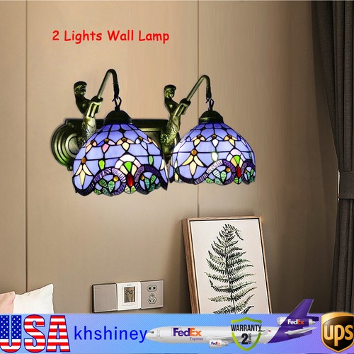 Blue Tiffany Style Mermaid Stained Glass Wall Sconce Lamp Bathroom Lighting