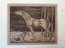 Antique art nouveau engrating, Horses, signed and dated 1921, German School