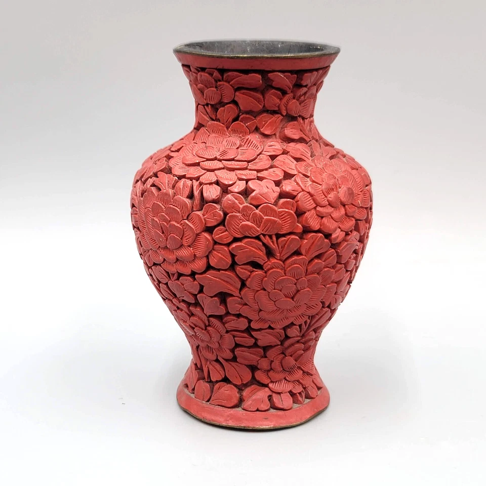 Antique HAND CARVED CINNABAR CHINESE VASE Brass Flowers Floral - Image 2 of 4