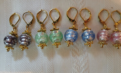 Garold C. Miller 4 Pr. Goldtone Swirled Earrings purple, green, blue, pink VTG