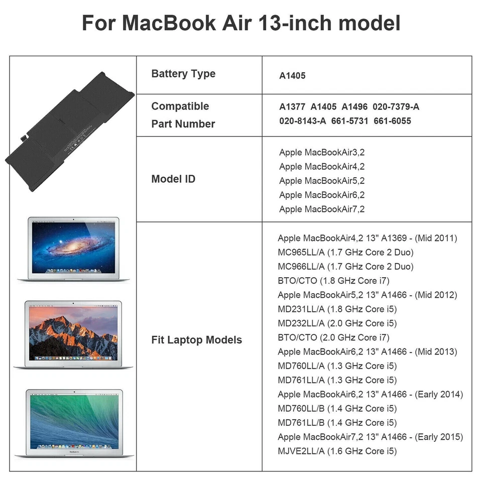 Batería A1466 para MacBook Air 13'' A1369 A1496 A1405 A1377 2013 2014 2015 2017 Foto 2 de 4