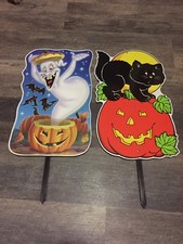 2 Yard Art Decor - Halloween Cat And Jack-O-Lantern  Ghost And Bats 26  x15  