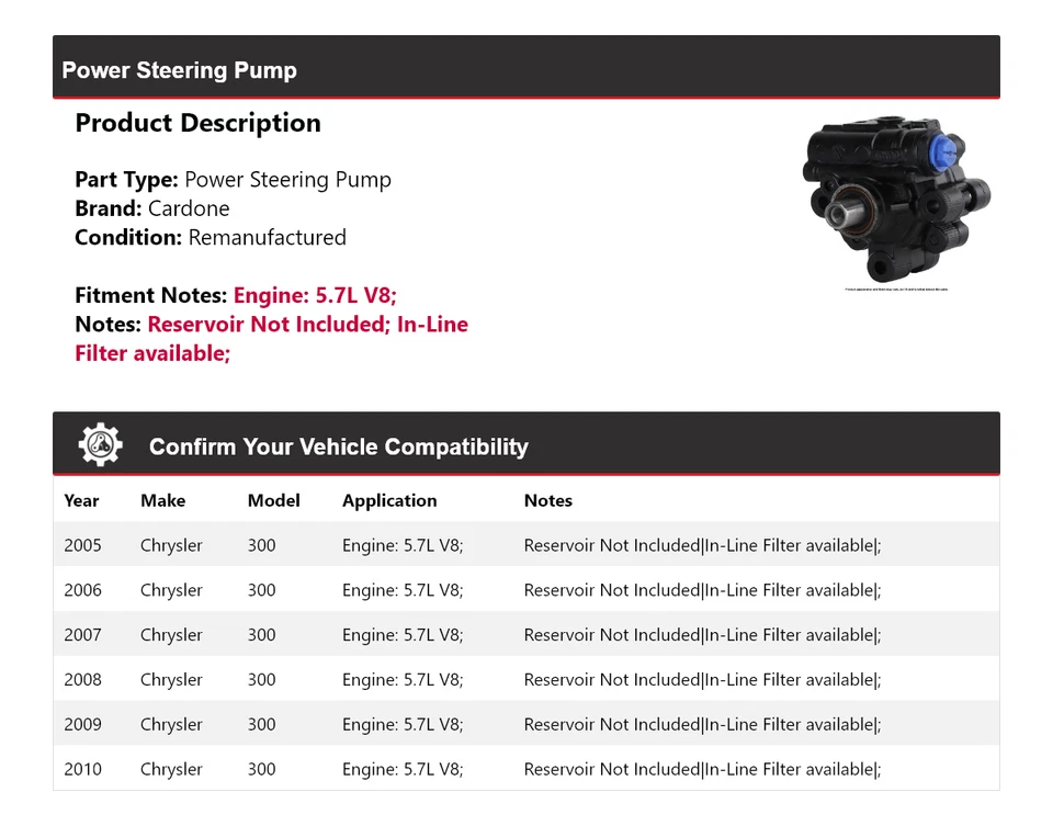 Bomba de dirección asistida Cardone para Chrysler 300 2005-2010 5,7 L V8 2006 2007 2008 Foto 2 de 4