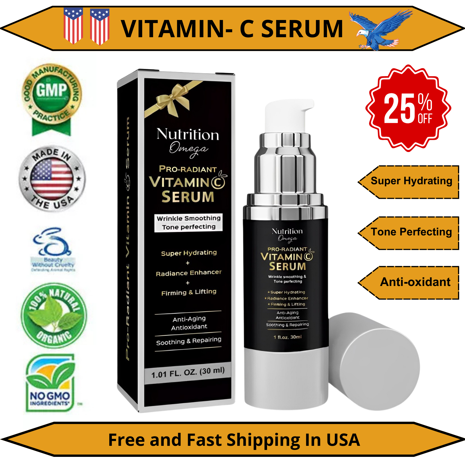 Powerful Organic Anti-Aging Vitamin C Serum with 30% C, E, Retinol & Hyaluronic Acid-image