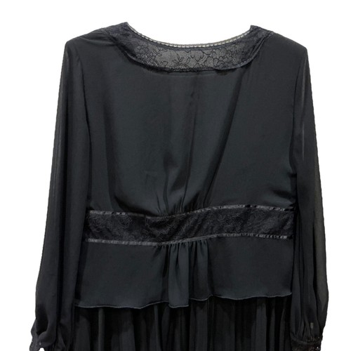 Vtg Dress Womens 1X or 2XL Black V Neck Midi Sheer Crepe Long Sleeve Pleat Skirt - Picture 5 of 16