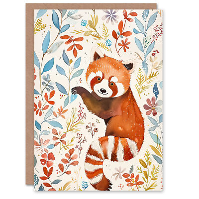 Greeting Card Cute Red Panda in Botanical Pastel Colour Pattern Birthday
