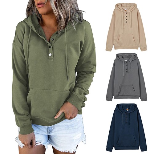 Hoodie Sweater Long-Sleeve Sweatshirt Loose Hooded Tops Pullover Women Buttons - Picture 1 of 13