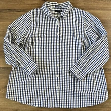 Lands End Womens Button Down Long Sleeve Blouse 24W Blue Check No Iron Cotton