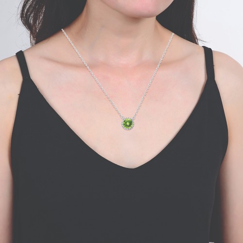 Ciondolo aureola 925 placcato oro bianco 14 kt peridoto naturale taglio tondo 1,40 ctw con catena - Foto 4 di 6