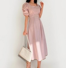 Elegant Women’s S Puff Sleeve Midi Dress Solid Dusty Pink Belted One Side Zipped