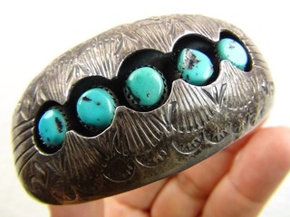 Navajo P Benally Heavy 44g 6 7/8" Stamp Sterling Turquoise Cuff Bracelet Native