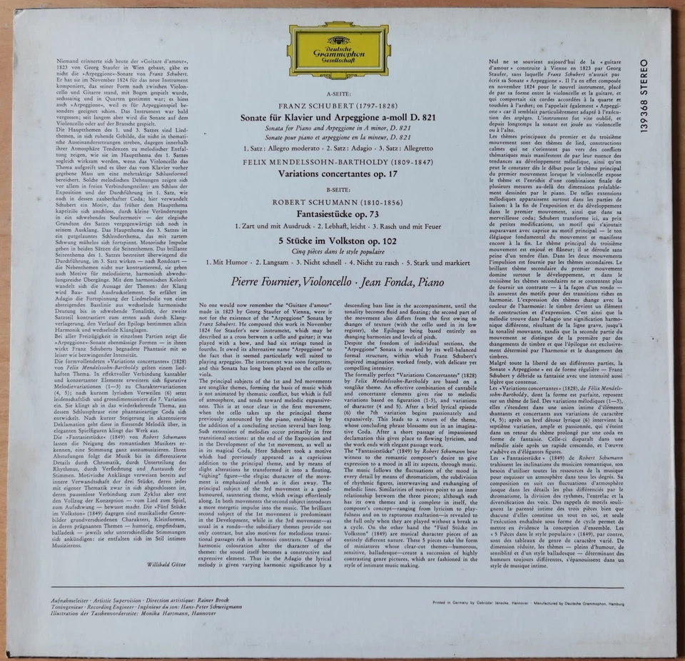 FOURNIER Schubert Arpeggione Schumann LP DGG Tulip SLPM 139 368 Germany 1968 ED1 - Image 2 of 2