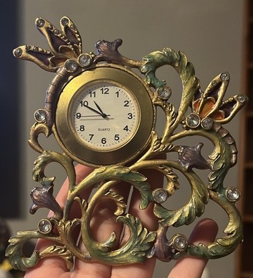 Butterfly Ornate DESK ANALOG CLOCK- Gold Tone Jewelled Crystal Floral 5''