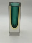 Murano Vase Faceted Sommerso Glass Block Green And Yellow MCM Collection 4.75"