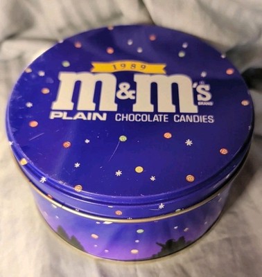 1989 M&M's Plain Chocolate Candies Empty 5'' Purple Tin With Stars & M&M's In Sky