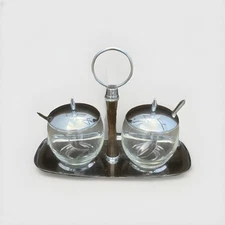 Shelton Ware Chrome Glass MCM Retro Condiment Wood Handle 7 Piece Set