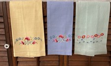 3 Vintage Linen Hand Kitchen Tea Towels with Hand Sewn Embroidery