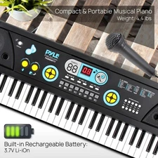 Pyle Digital Musical Karaoke Keyboard- Built-in Rechargeable Battery, Wired Mic.