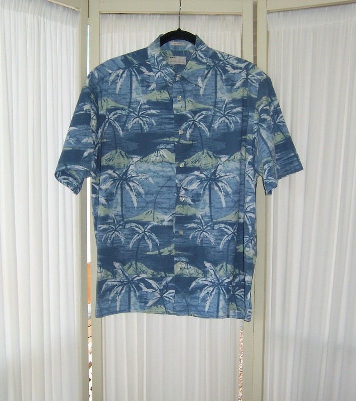 MEN NATURAL ISSUE BLUE WHITE GREEN PALM TREE HAWAIIAN BUTTON COTTON SHIRT M