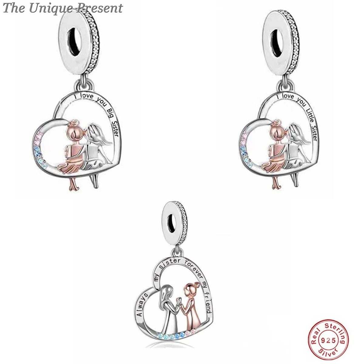 Big Little Sister Charm I Love You Gift Always My Sister 925 Silver Heart
