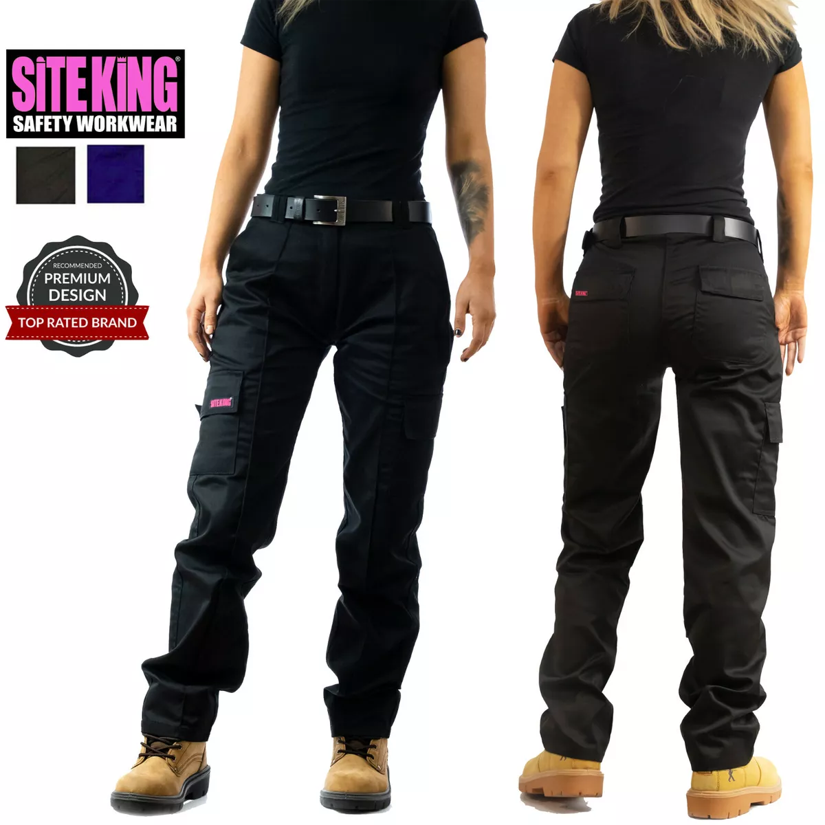 Ladies Cargo Combat Work Trousers Size 6 to 26 in Black or Navy By