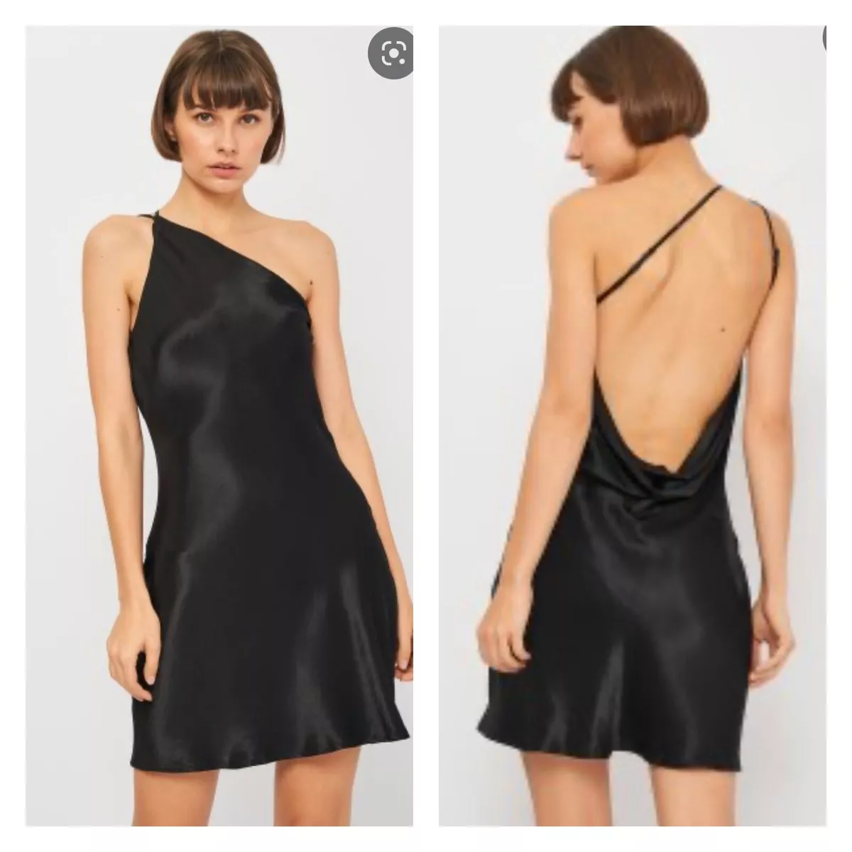Zara Black One Shoulder Slinky Asymmetrical Open Back Mini Slip Dress Large  NWT