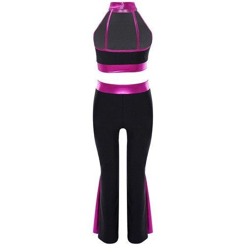 Kids Girls Sports Suit Shiny Dancewear Rhinestone Crop Top With Flared Pants - Picture 13 of 66