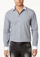 I.N.C. Men's Non Iron Contrast-Trim Grid Shirt, Gray, Size M,