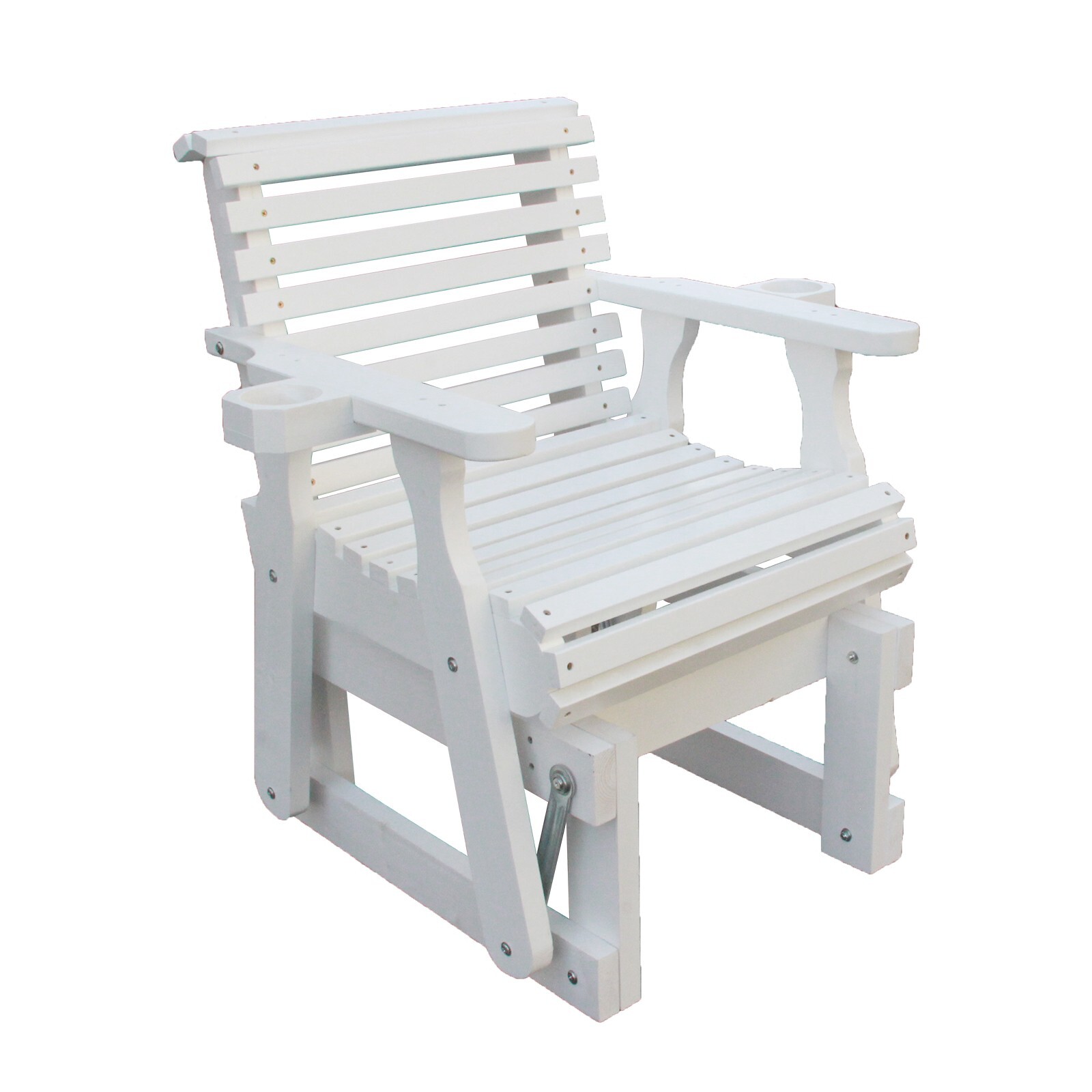 Beneouya Outdoor Wooden Glider Chair with Cup Holder for One Person, White