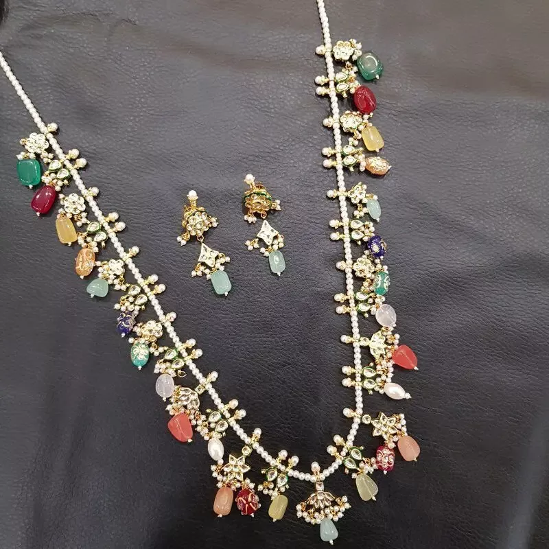 Long Pearl Kundan Necklace Set Meenakari Beads Indian Ethnic