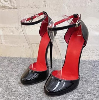 Sexy High Heels 16cm Stiletto Riemchen-Pumps Schwarz Lackleder