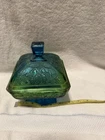 Jeanette Glass Blue & Green Ombre’ Carnival Glass Lidded Dish Acorn Oak Leaf