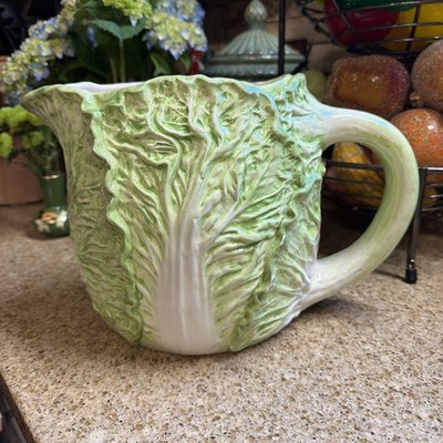 Ceramic Cabbage Lettuce Leaf Pitcher Jug Green Farmhouse 3 1/2 Qt
