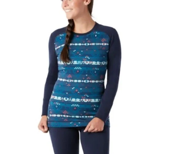 Smartwool Women's Merino 250 Baselayer Pattern Crew Black Digital Snowflake Sz L