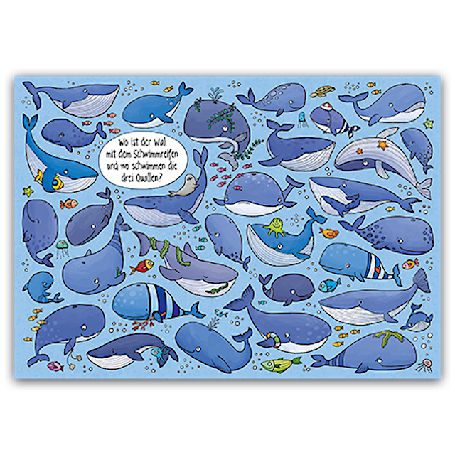 *Rate&Such*Postkarte*Wale*Wo ist der Wal mit dem Schwimmreifen und...?*10 x 15cm